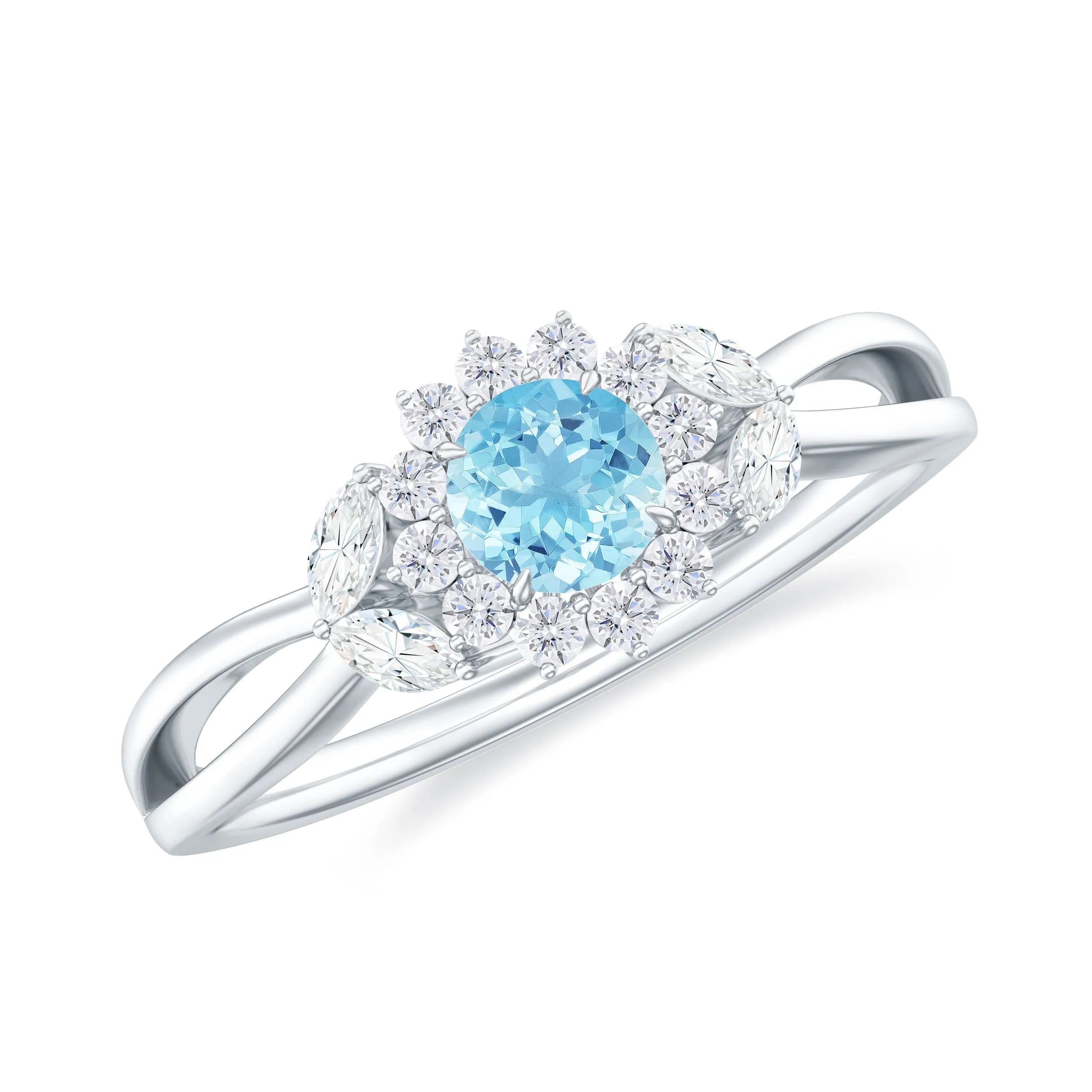 1/2 CT Split Shank Aquamarine Engagement Ring with Diamond Floral Halo
