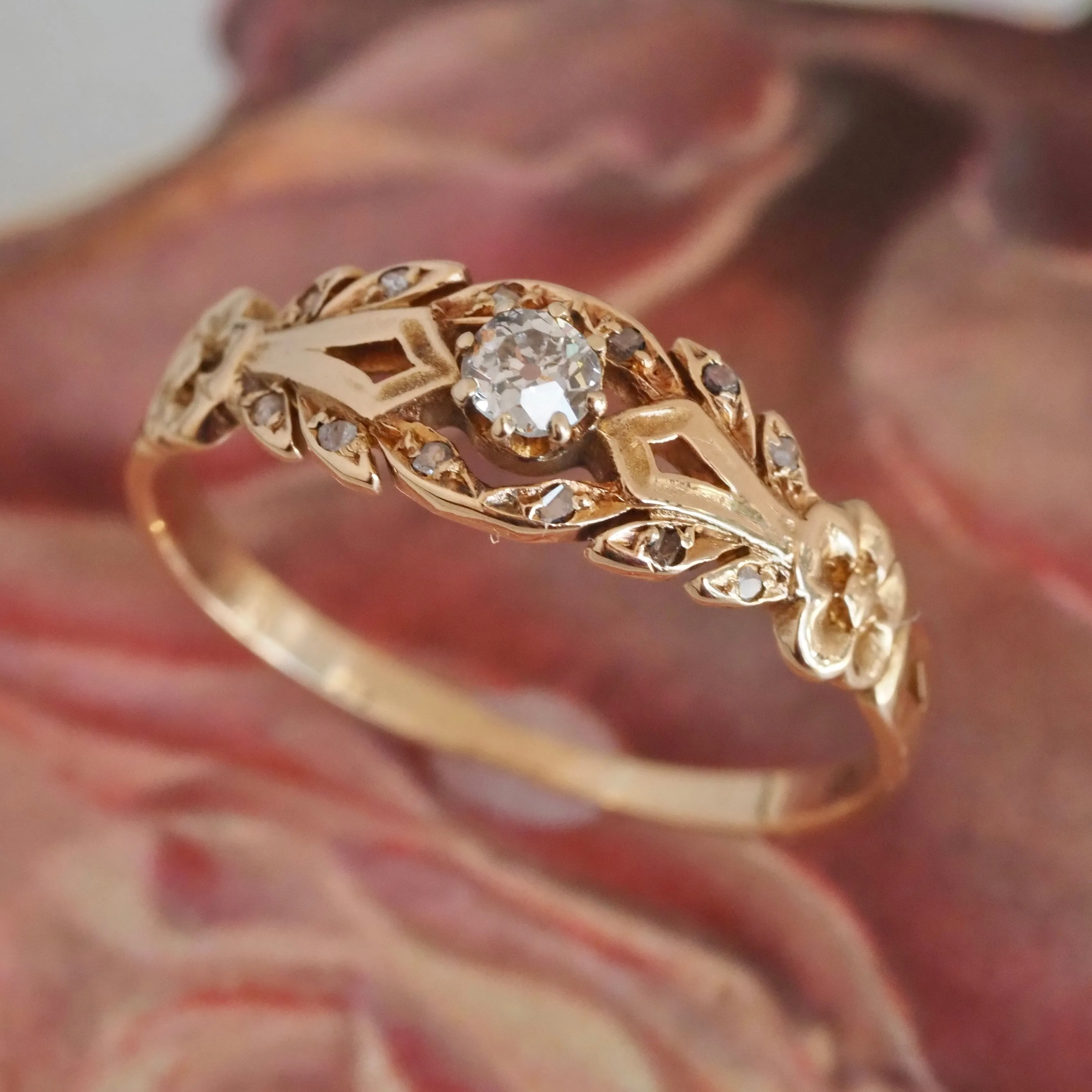 1940s Victorian Revival 18k Gold Old Mine Cut Diamond Ring