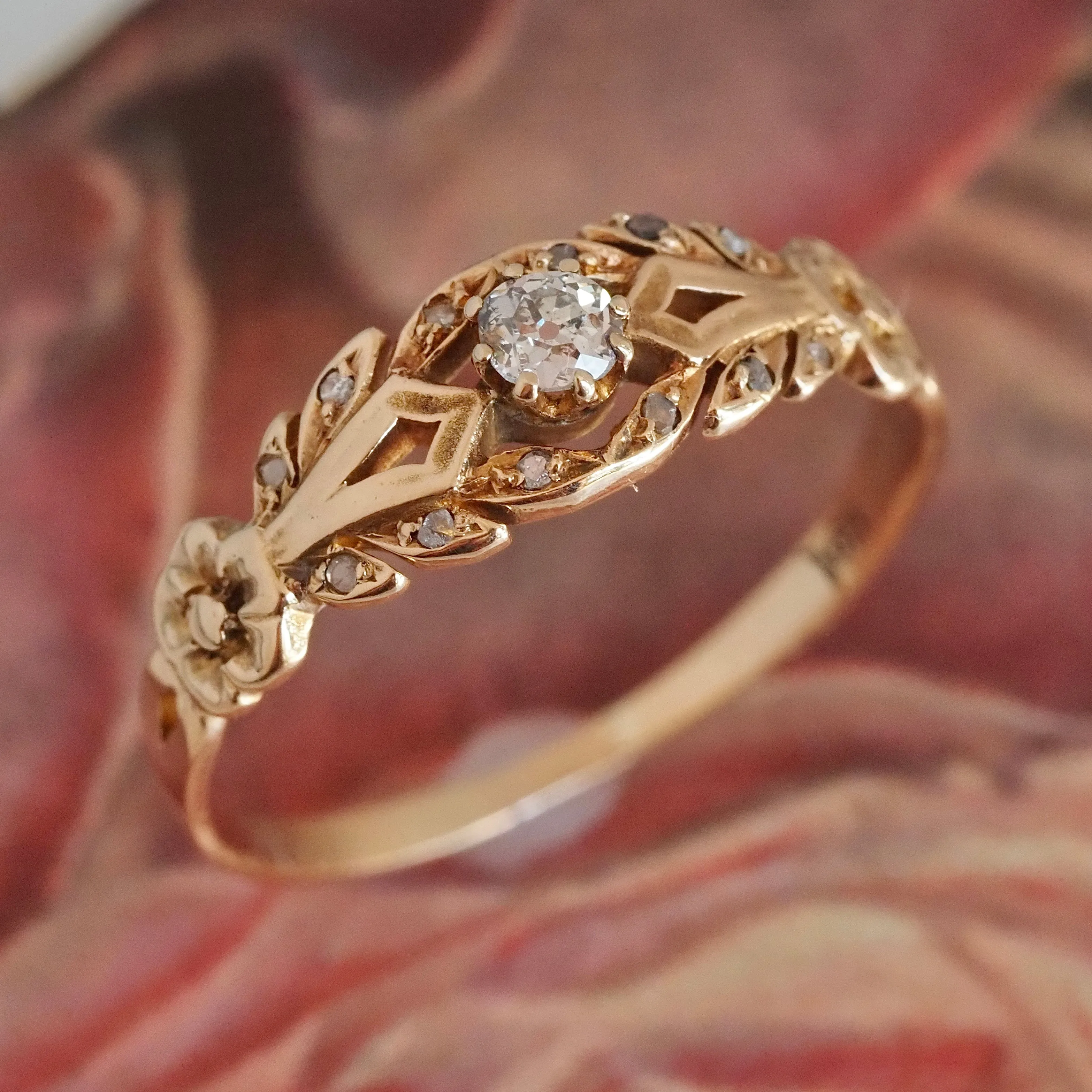 1940s Victorian Revival 18k Gold Old Mine Cut Diamond Ring