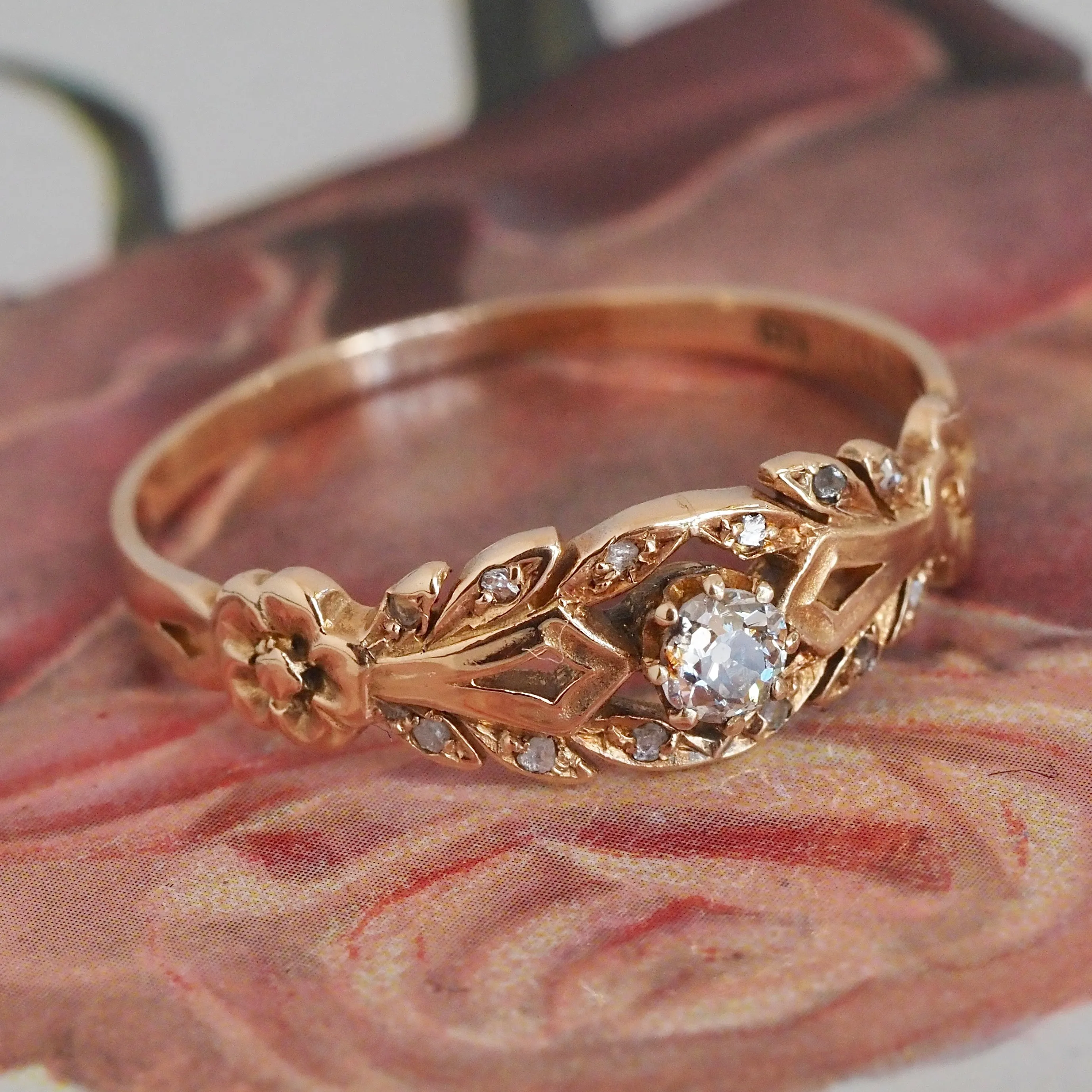 1940s Victorian Revival 18k Gold Old Mine Cut Diamond Ring