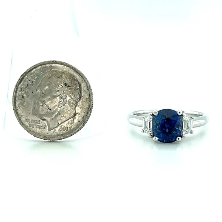 2.36 Carat Blue Sapphire (GIA) and Diamond Trapezoid 3-Stone Engagement Ring