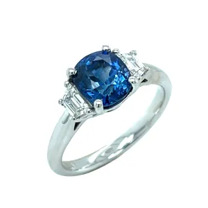 2.36 Carat Blue Sapphire (GIA) and Diamond Trapezoid 3-Stone Engagement Ring