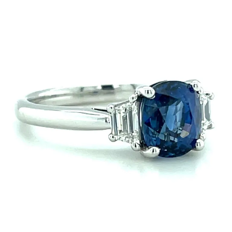 2.36 Carat Blue Sapphire (GIA) and Diamond Trapezoid 3-Stone Engagement Ring