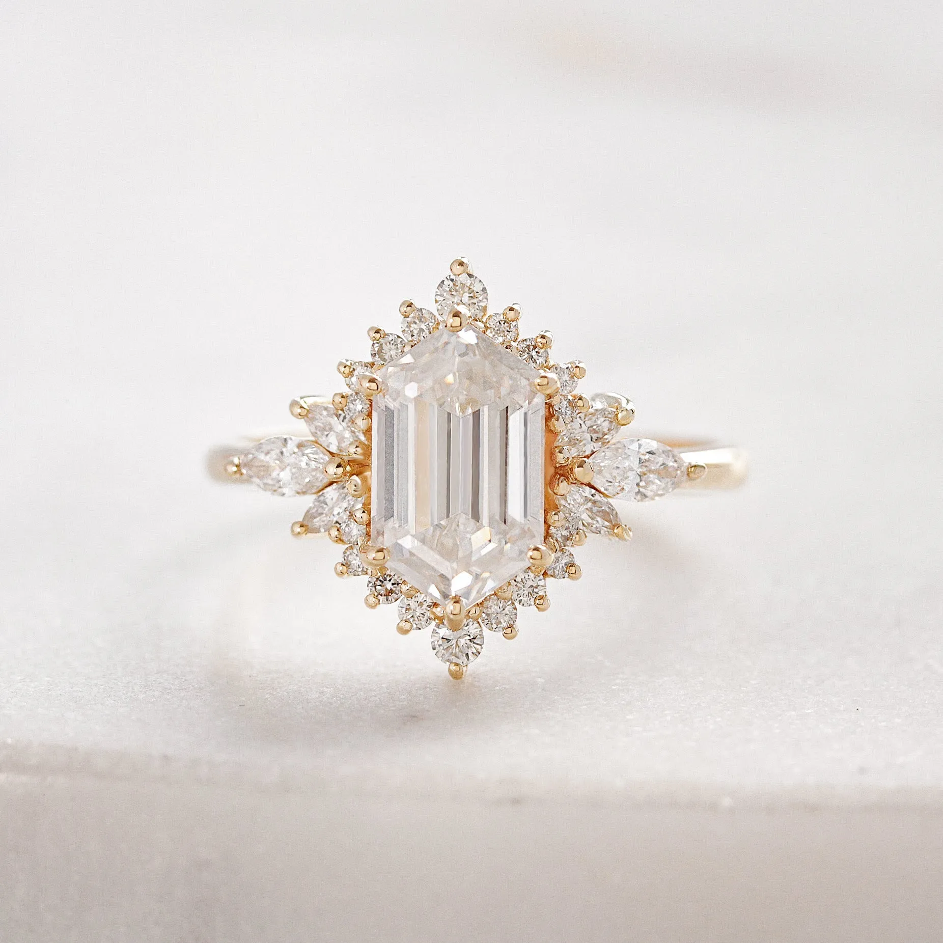 3 Carat Elongated Hexagon Moissanite and Diamonds Celestial Star Engagement Ring Nora