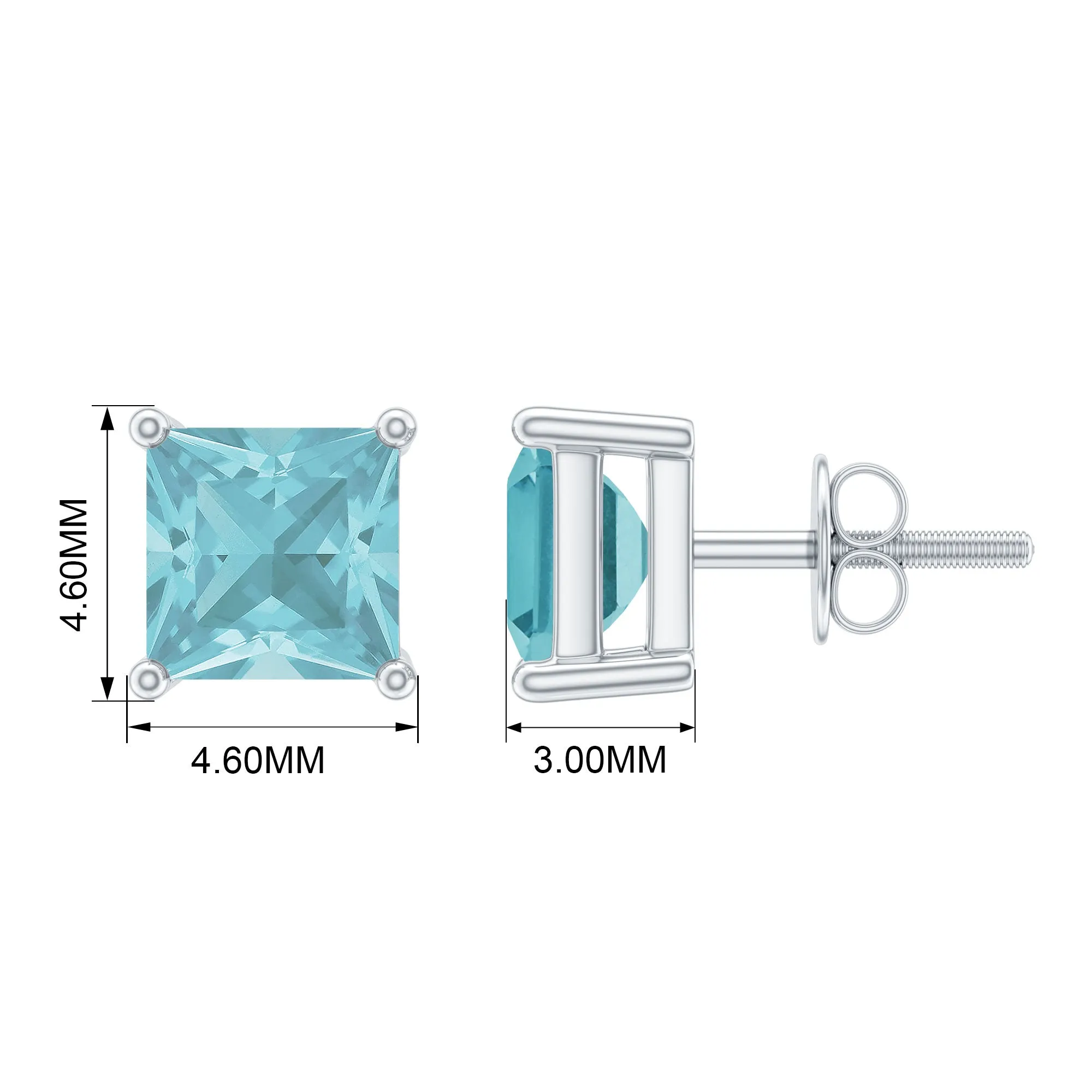 4 MM Princess Cut Sky Blue Topaz Solitaire Stud Earrings