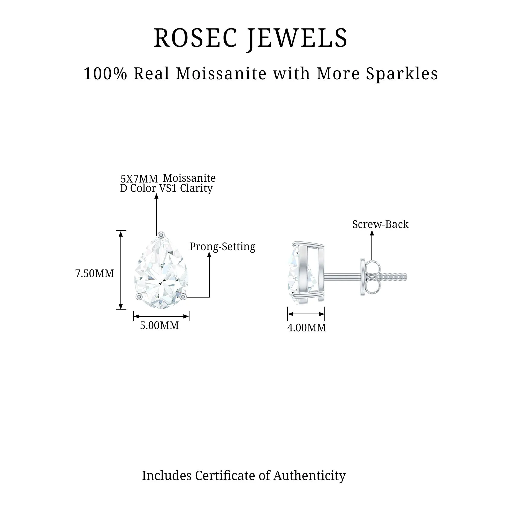 5X7 MM Pear Cut Moissanite Solitaire Stud Earrings
