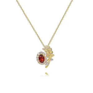 925 Silver Round Garnet CZ Diamond Leaf Necklace