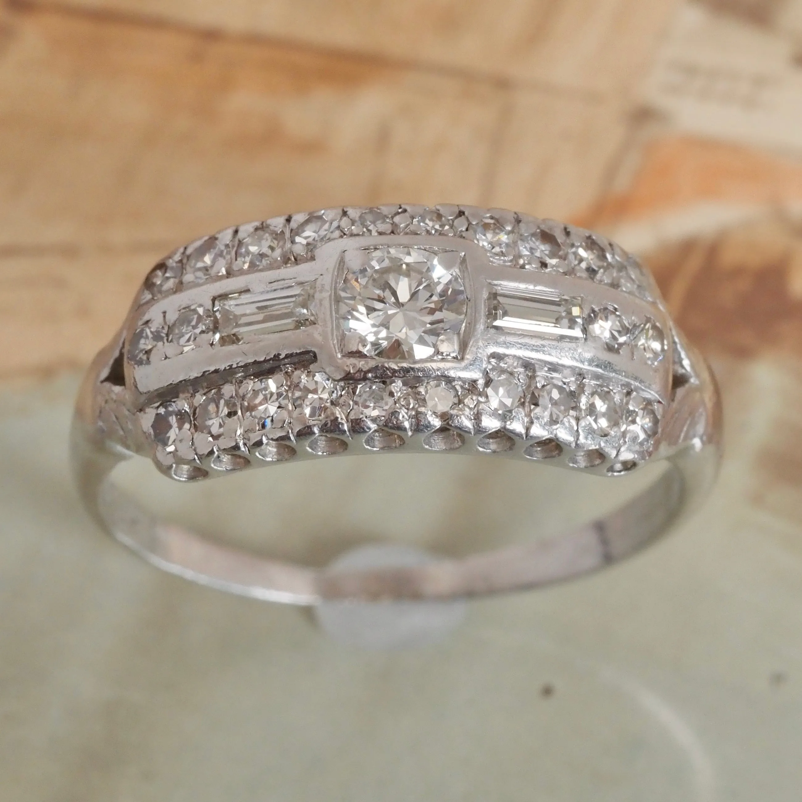 Antique Art Deco Platinum Old European Cut and Baguette Diamond Panel Ring