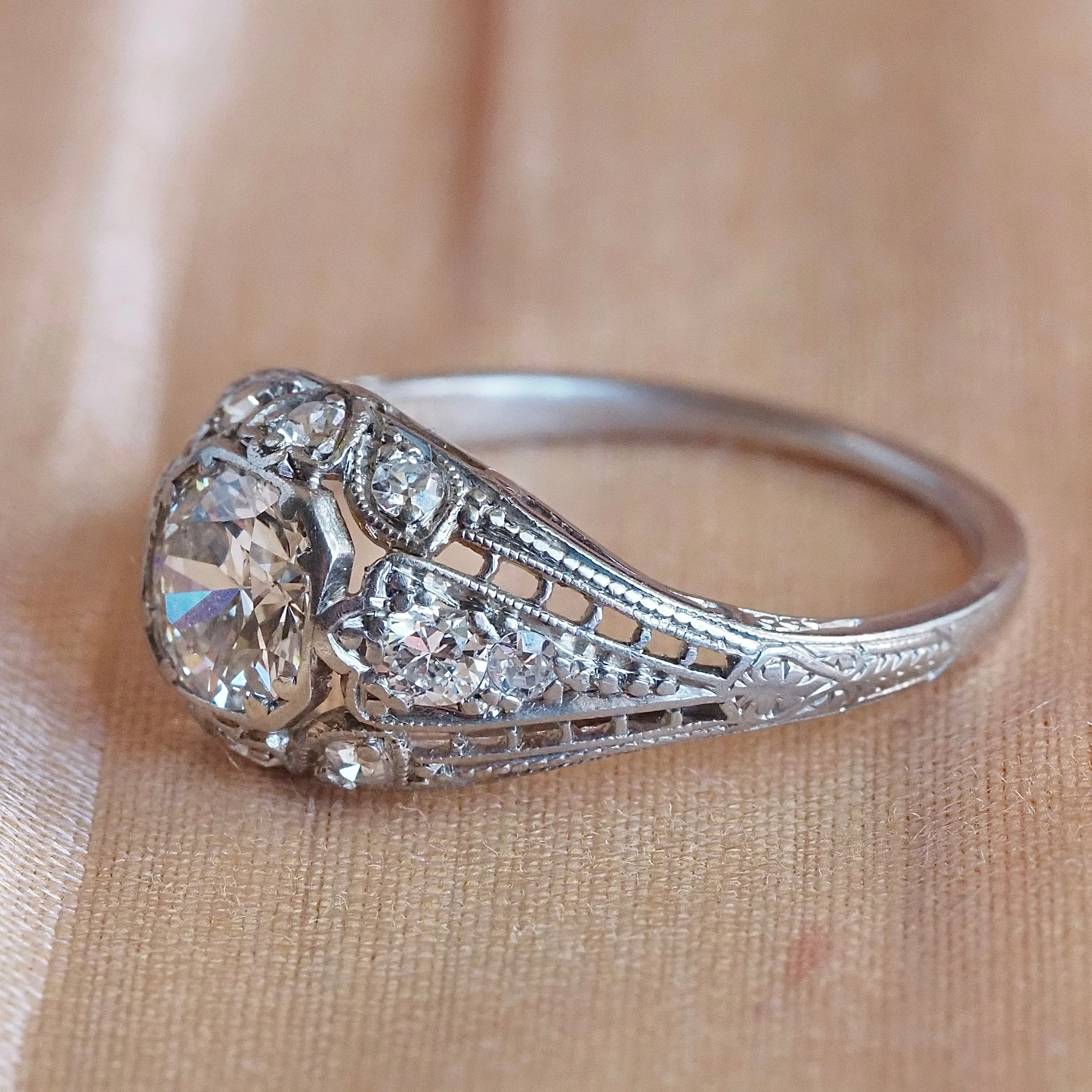 Antique Art Deco Platinum Old European Cut Diamond Engagement Ring