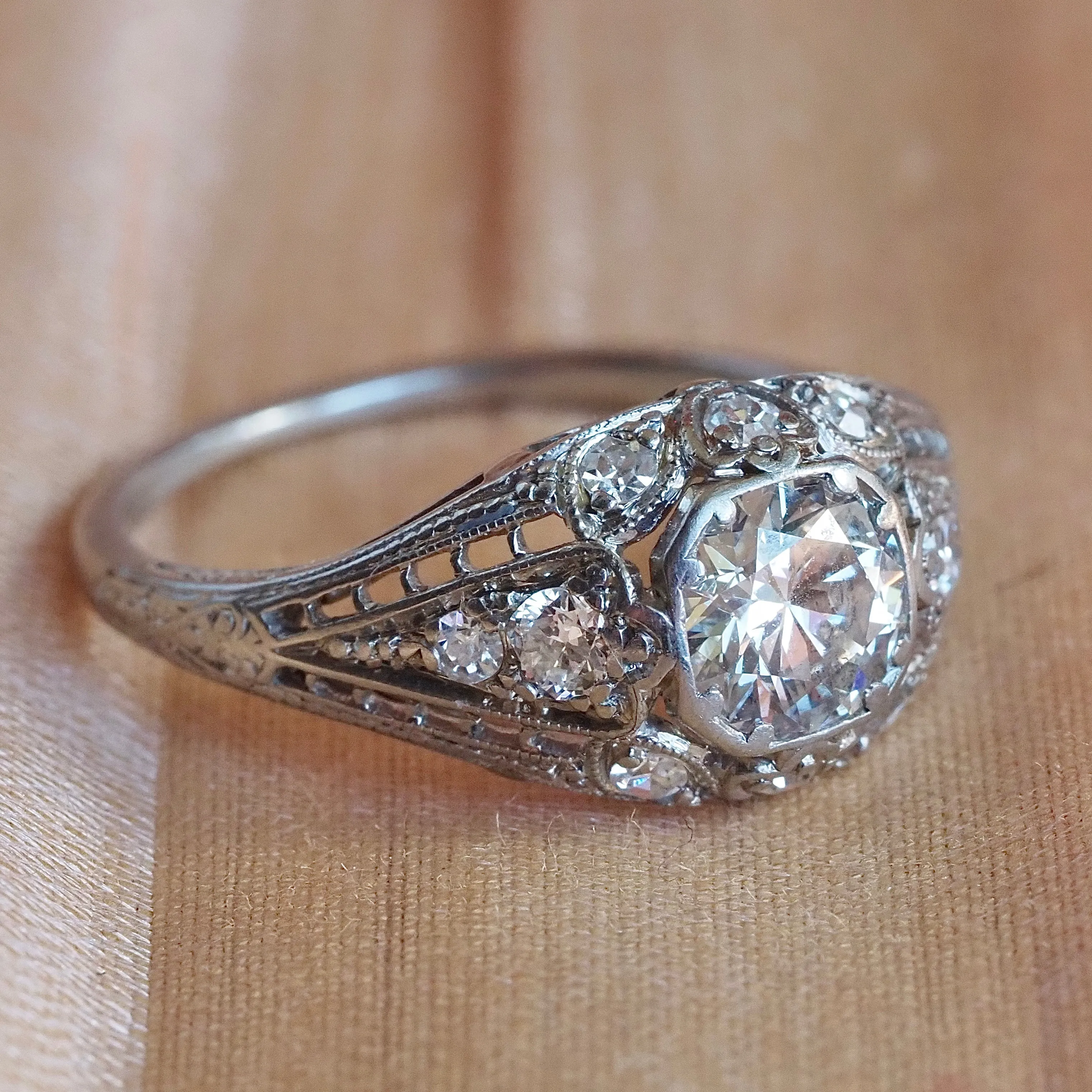 Antique Art Deco Platinum Old European Cut Diamond Engagement Ring