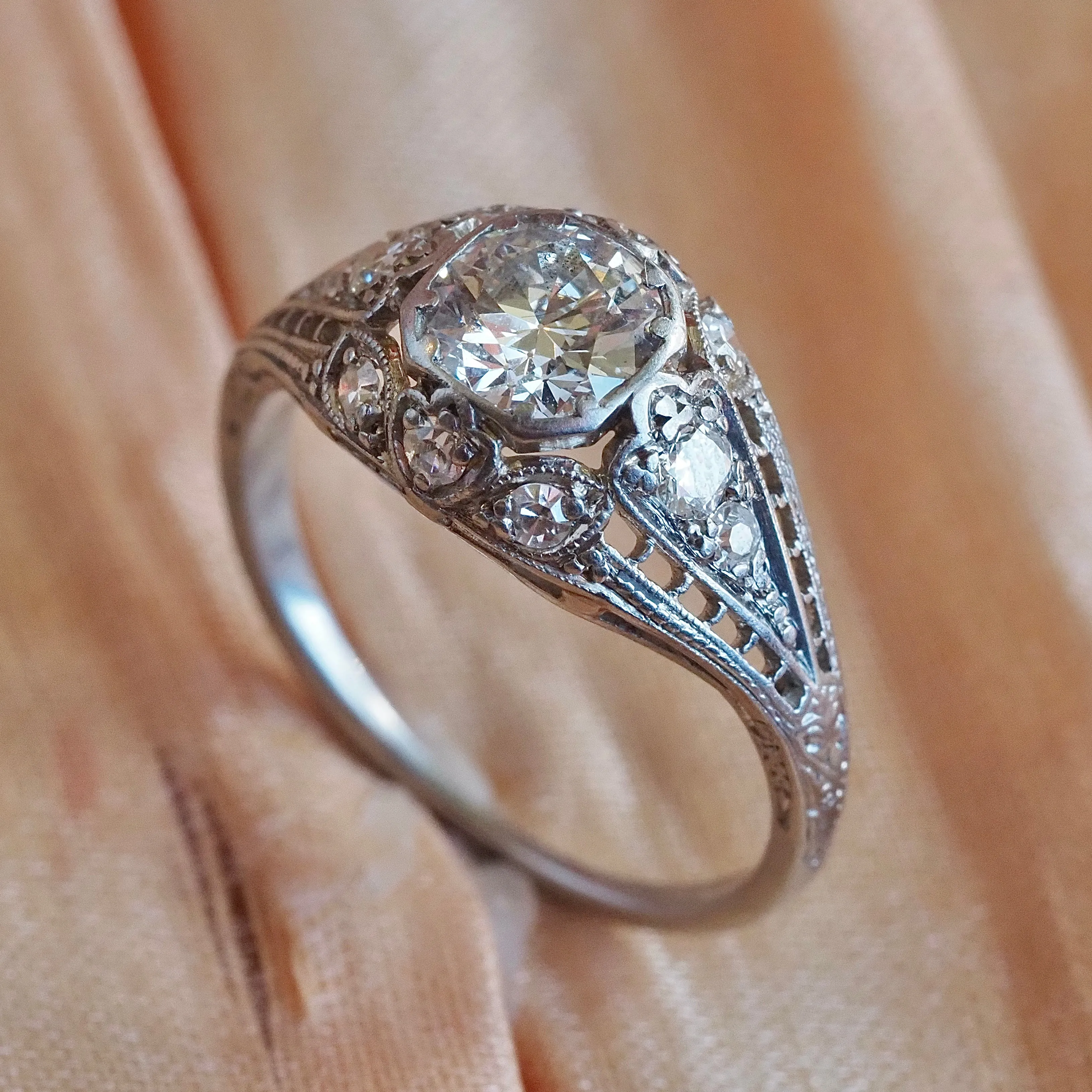 Antique Art Deco Platinum Old European Cut Diamond Engagement Ring