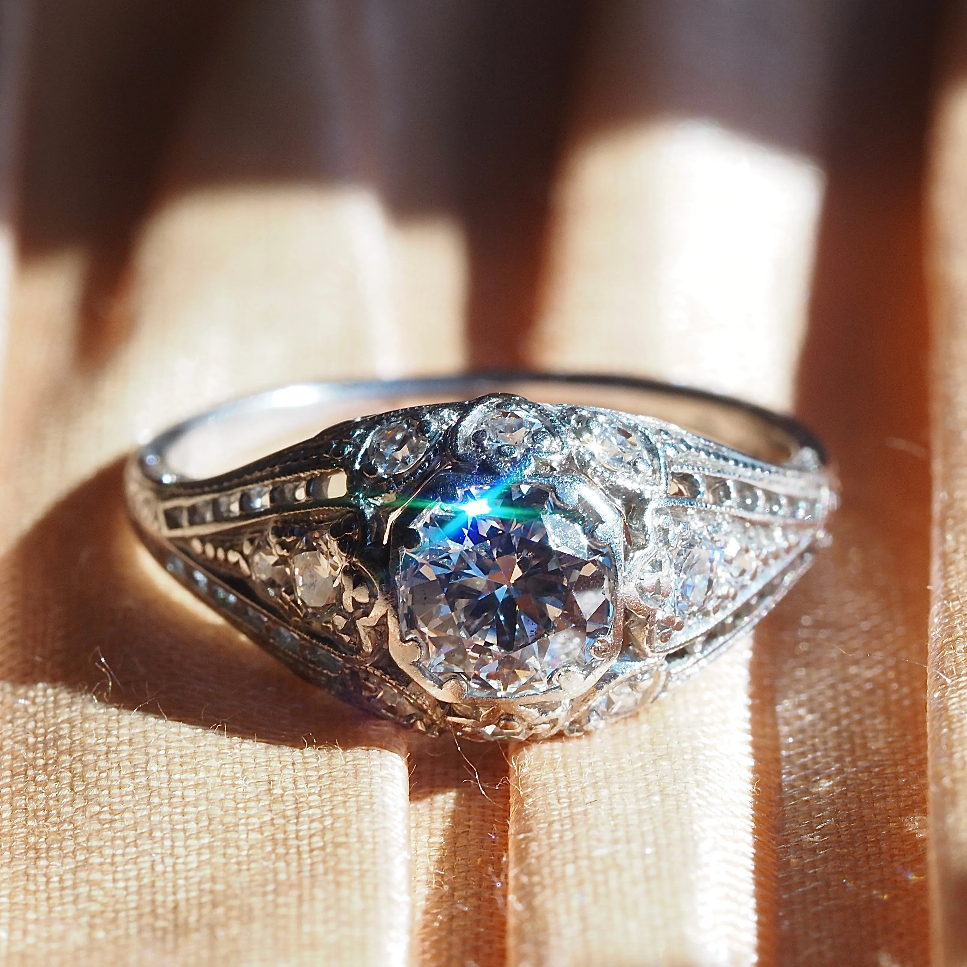 Antique Art Deco Platinum Old European Cut Diamond Engagement Ring