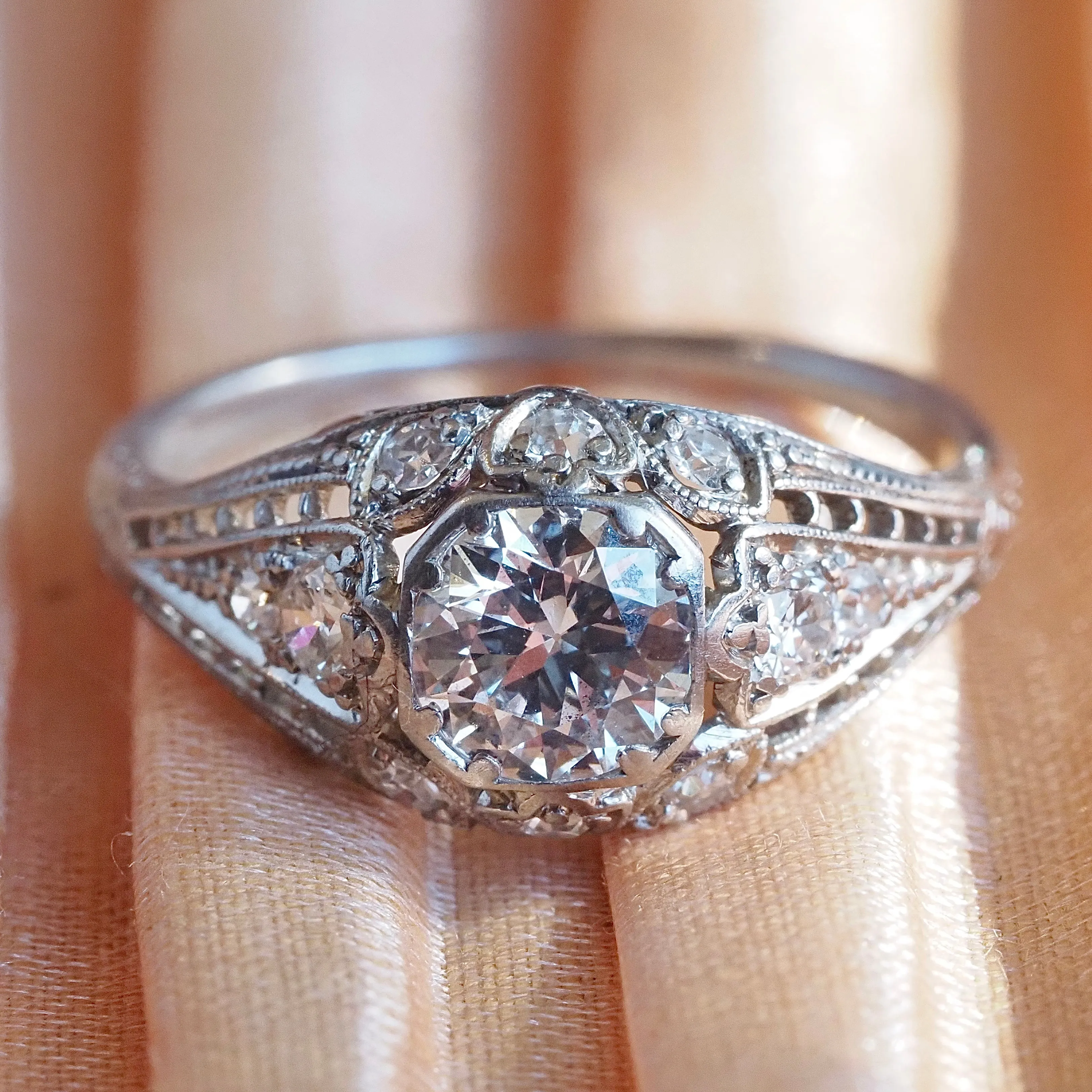 Antique Art Deco Platinum Old European Cut Diamond Engagement Ring
