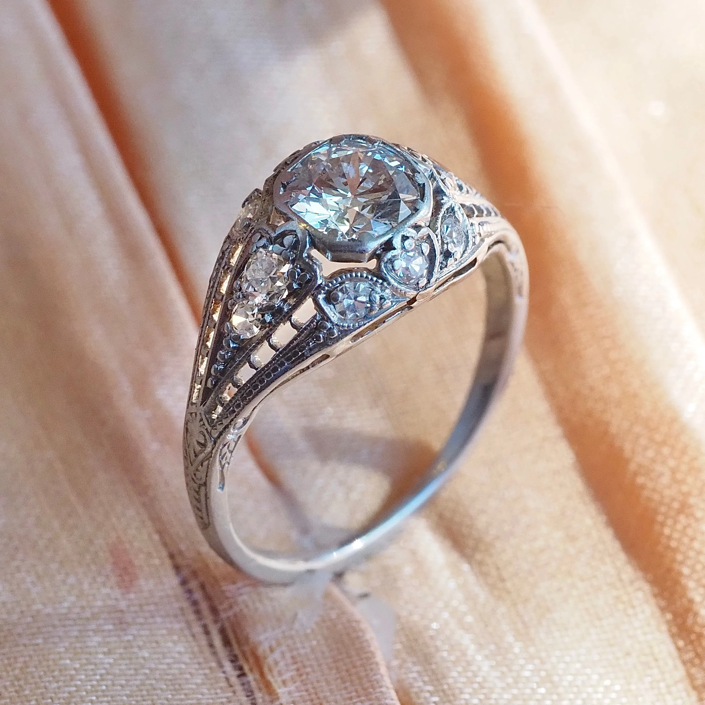 Antique Art Deco Platinum Old European Cut Diamond Engagement Ring