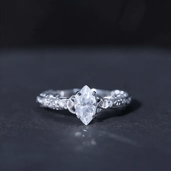 Antique Style Marquise Cut Moissanite Solitaire Celtic Knot Ring in Gold