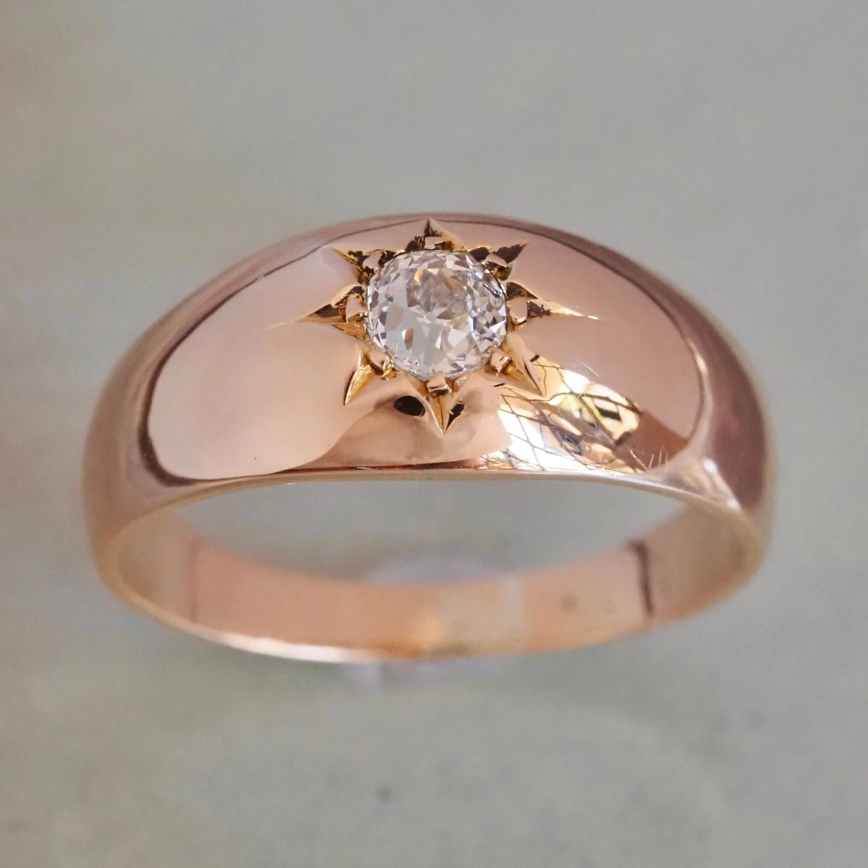 Antique Victorian 18k Gold Flush Set Old Mine Cut Diamond Ring