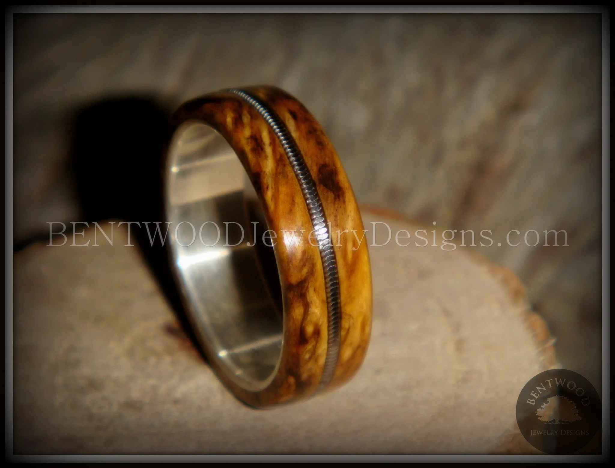 Bentwood Ring - Buckeye Burl "California" Wood Ring with Fine Silver Core and Guitar String Inlay