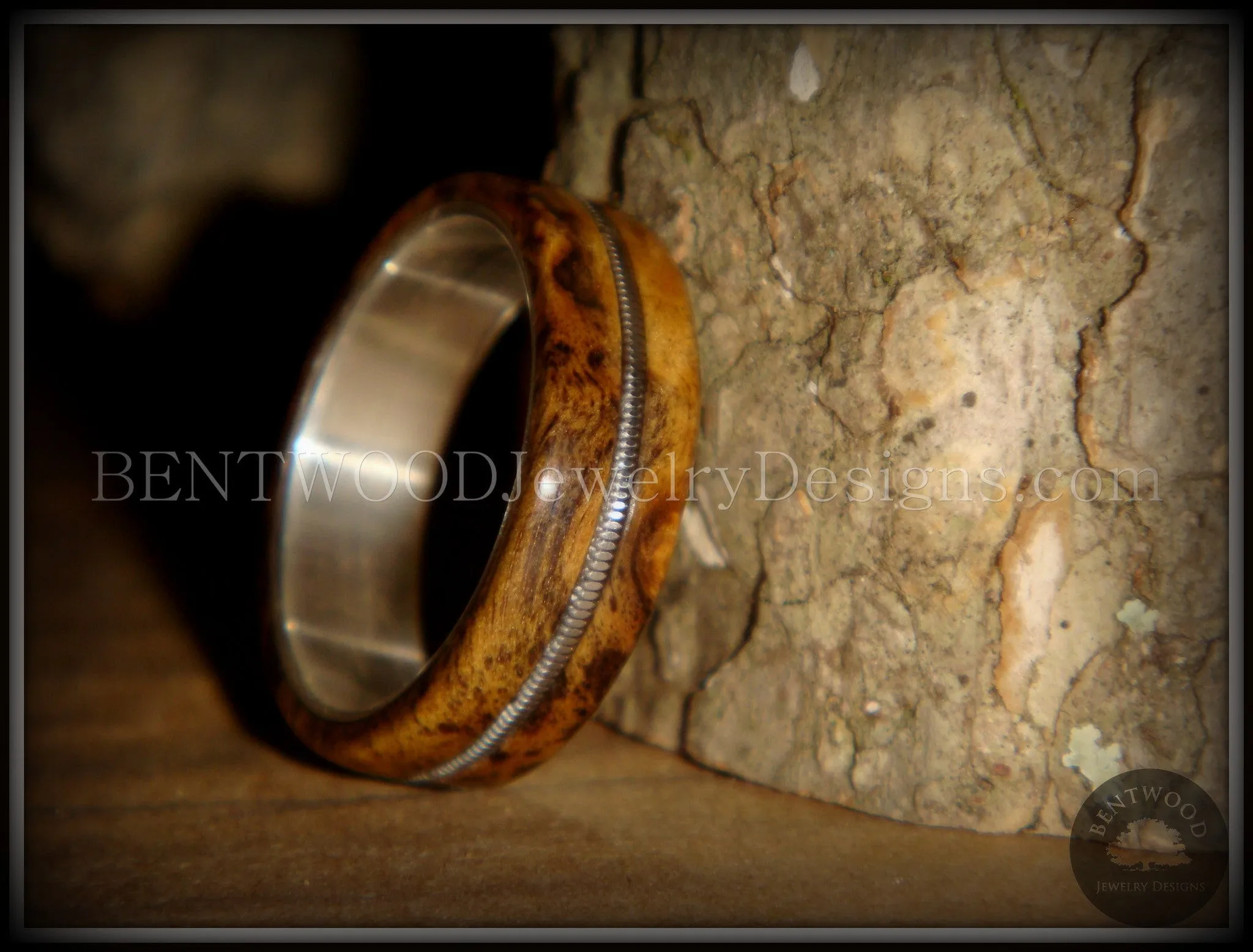 Bentwood Ring - Buckeye Burl "California" Wood Ring with Fine Silver Core and Guitar String Inlay