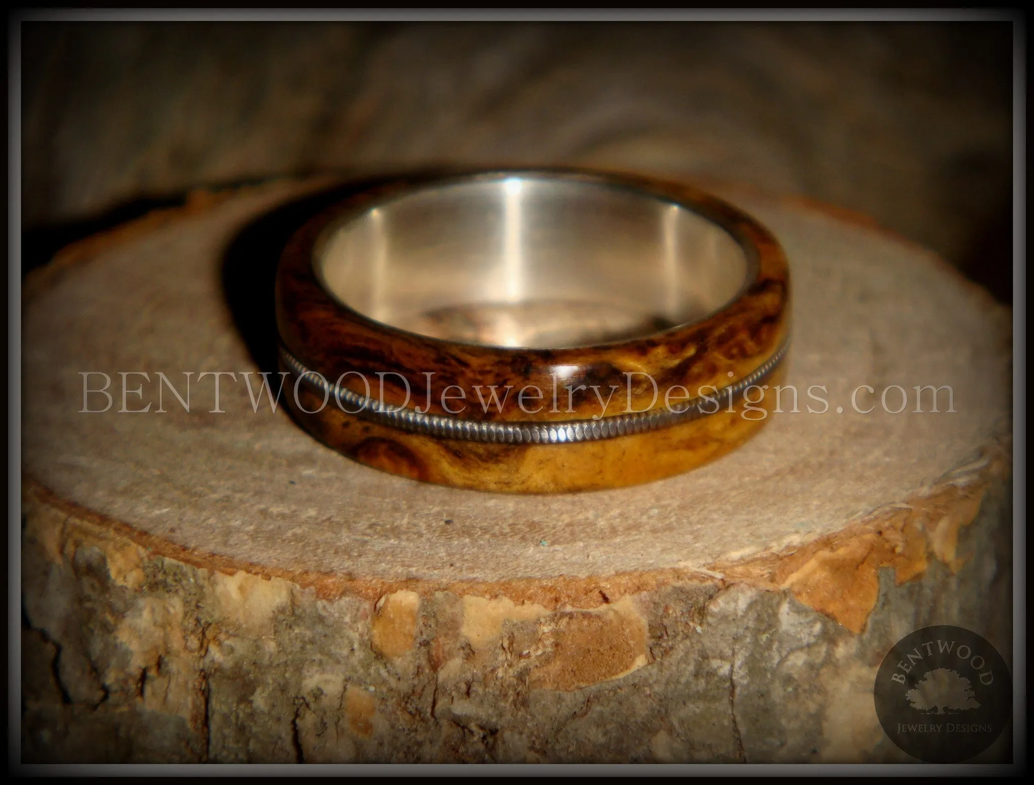 Bentwood Ring - Buckeye Burl "California" Wood Ring with Fine Silver Core and Guitar String Inlay