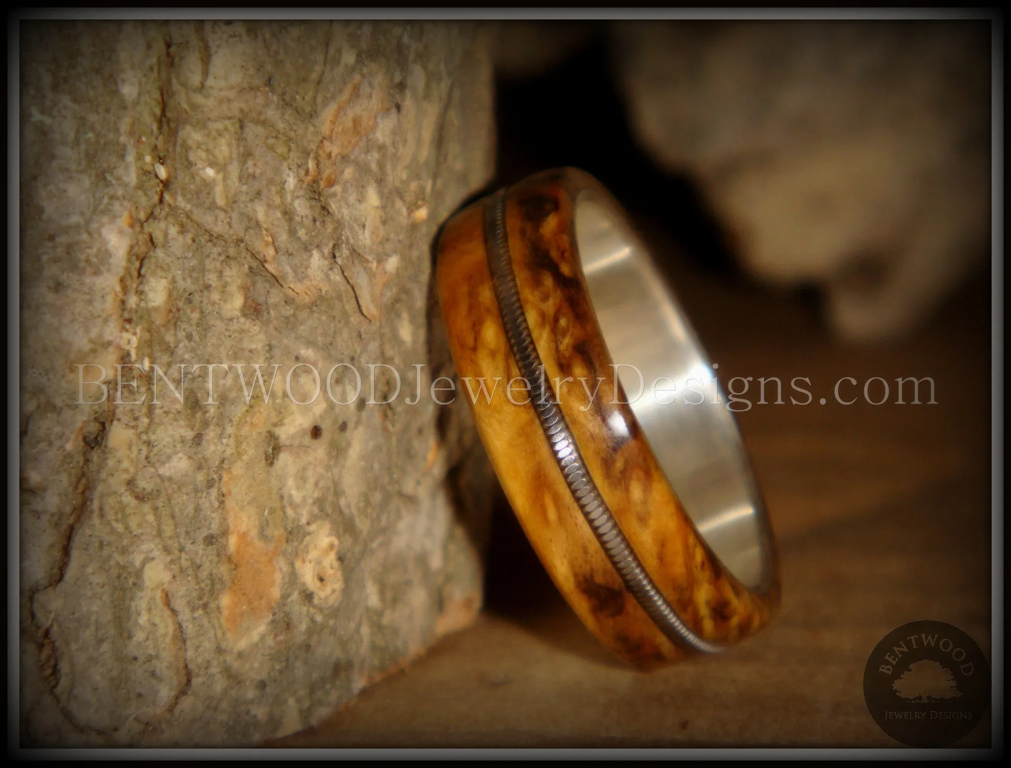 Bentwood Ring - Buckeye Burl "California" Wood Ring with Fine Silver Core and Guitar String Inlay