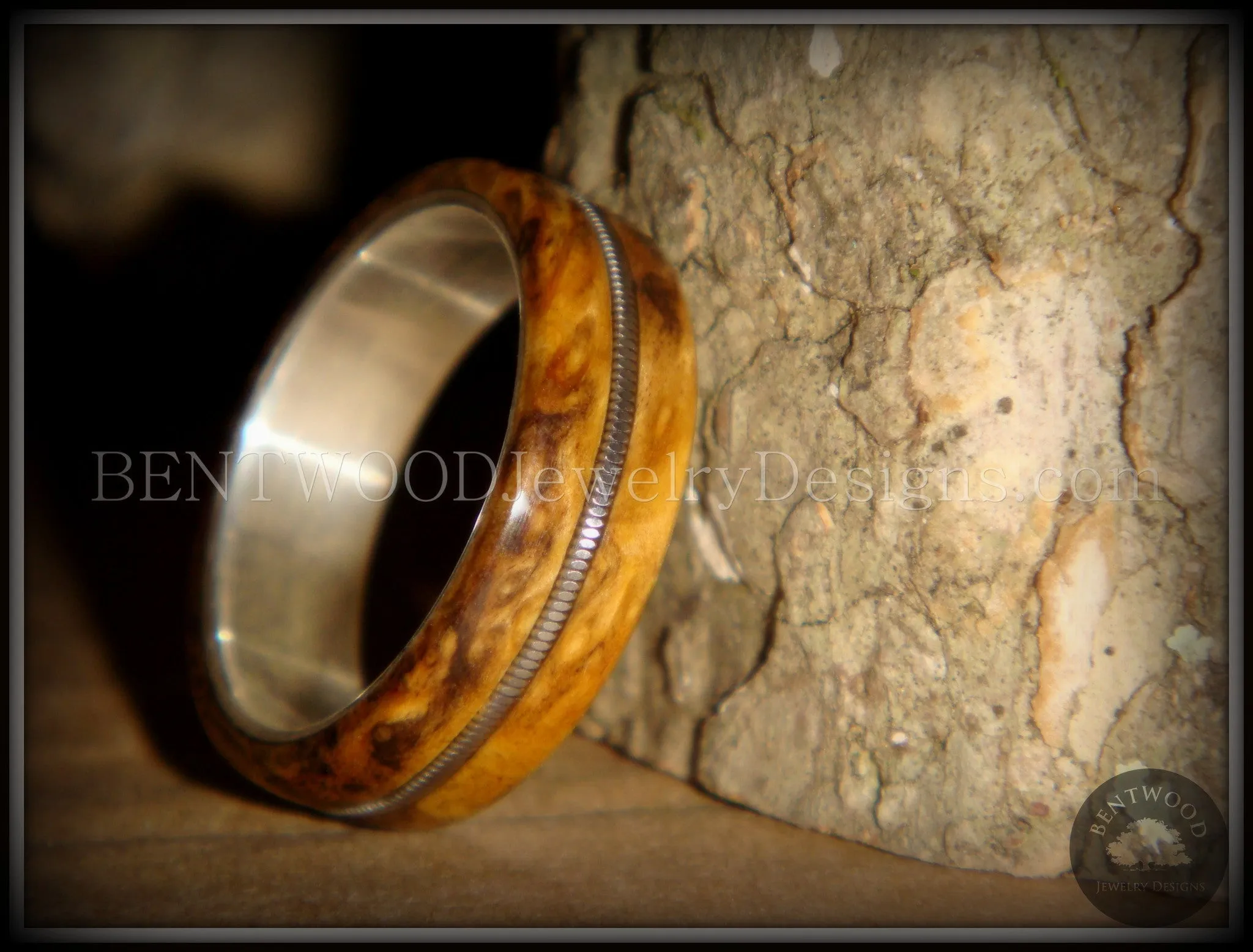 Bentwood Ring - Buckeye Burl "California" Wood Ring with Fine Silver Core and Guitar String Inlay