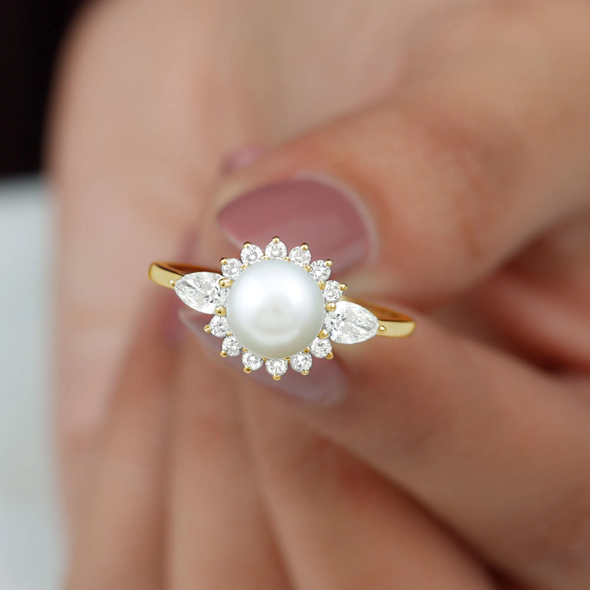 Classic Freshwater Pearl Halo Engagement Ring with Diamond