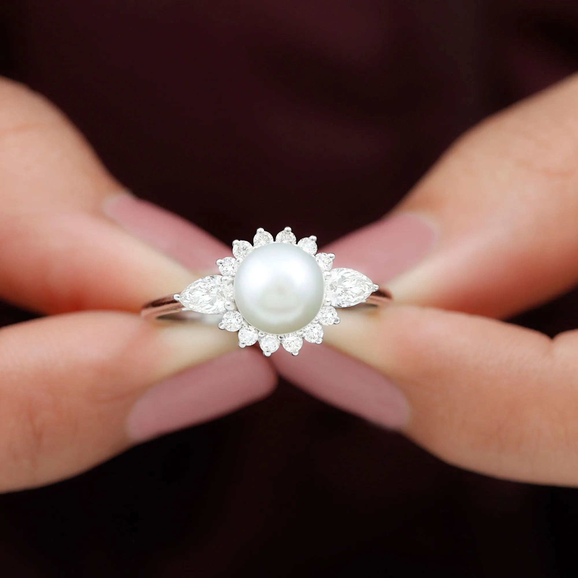 Classic Freshwater Pearl Halo Engagement Ring with Diamond