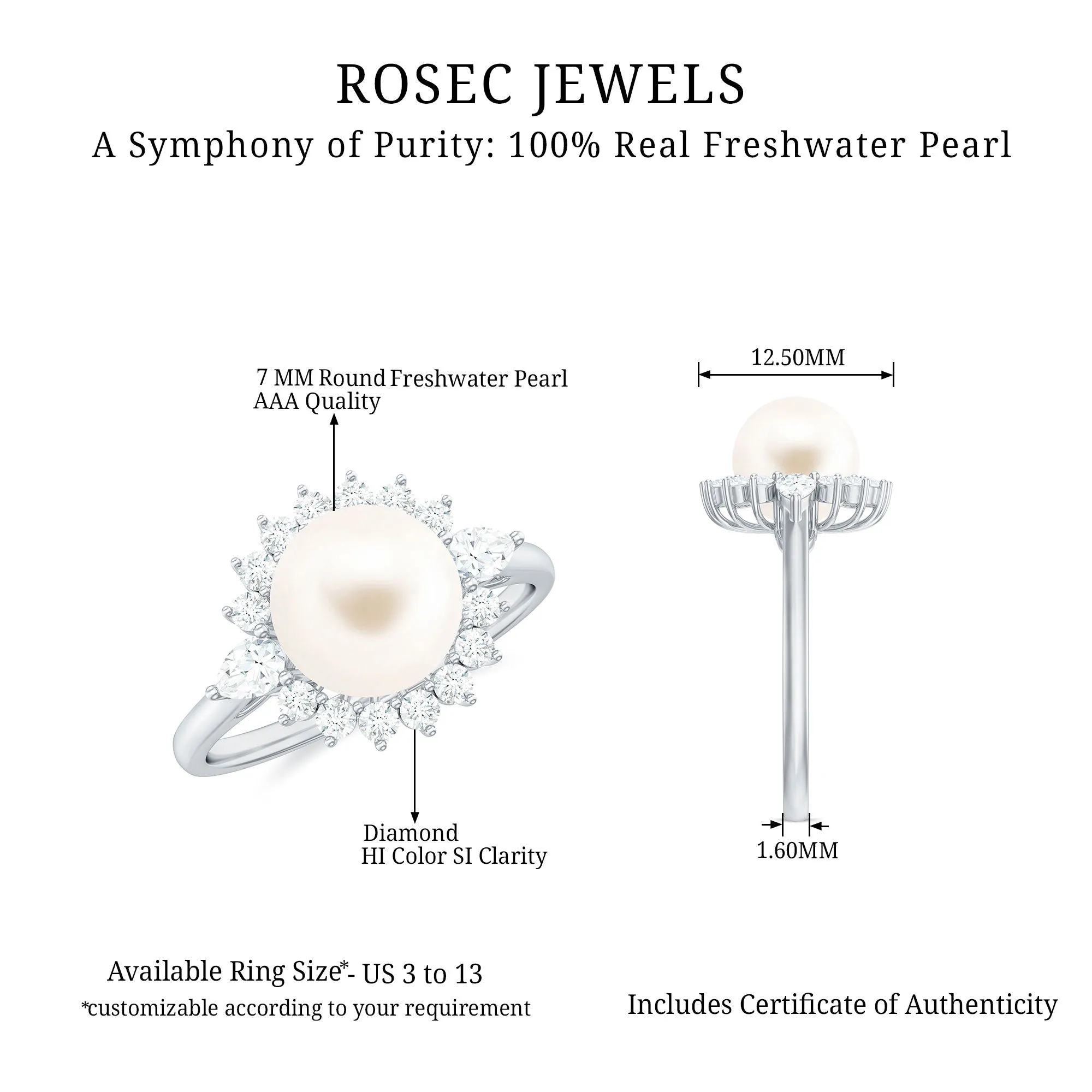 Classic Freshwater Pearl Halo Engagement Ring with Diamond