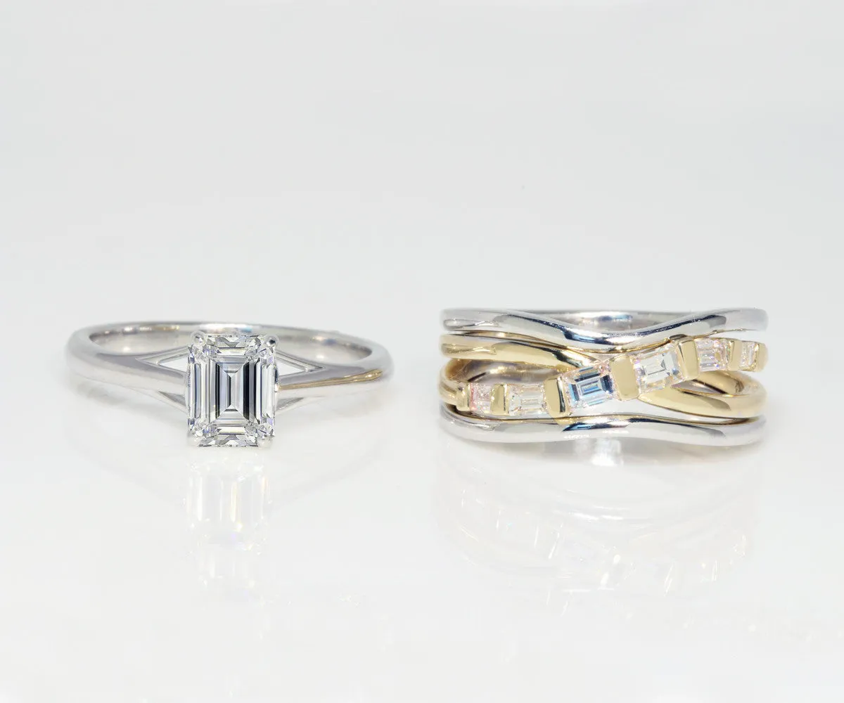 Contemporary Emerald Diamond Wedding Ring Set