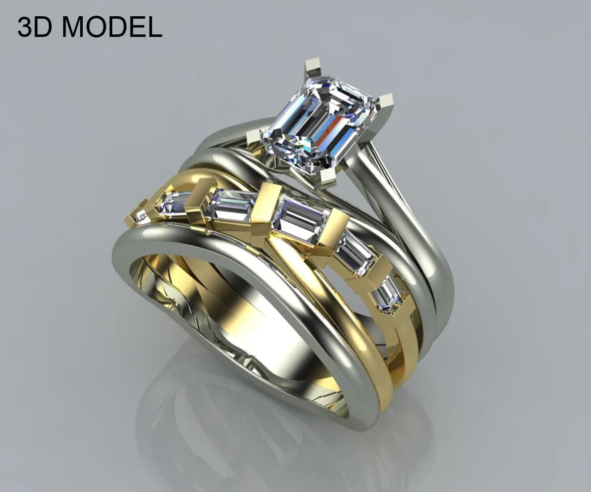 Contemporary Emerald Diamond Wedding Ring Set