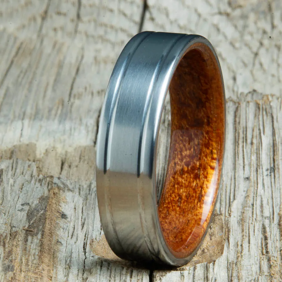 Double grooved satin titanium and Acacia ring