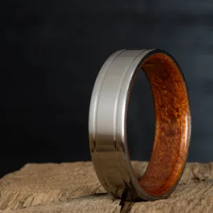 Double grooved satin titanium and Acacia ring
