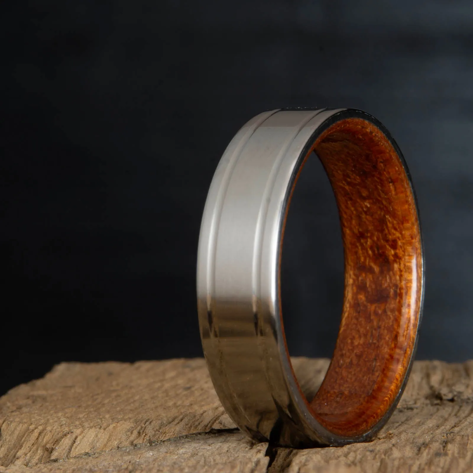 Double grooved satin titanium and Acacia ring