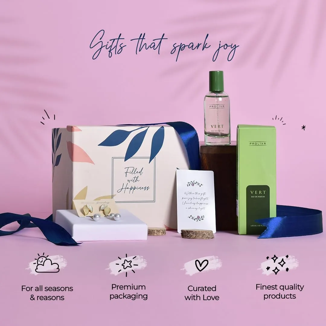 Gleevers Scented Glamour Gift for Women |Gift Box pack of 2 with Amber Perfume (30 ml) and Pearl Dangler Earring | Birthday Gift, Anniversary Gift, Rakhi Gift, Valentine Gift, Secret Santa Gifts