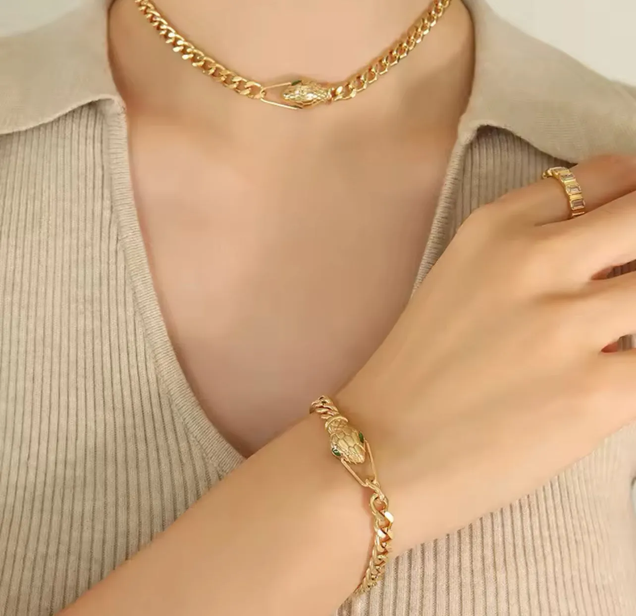 Gothic New Stainless Steel Snake Chain Bracelet Necklace Set For Women S5009285