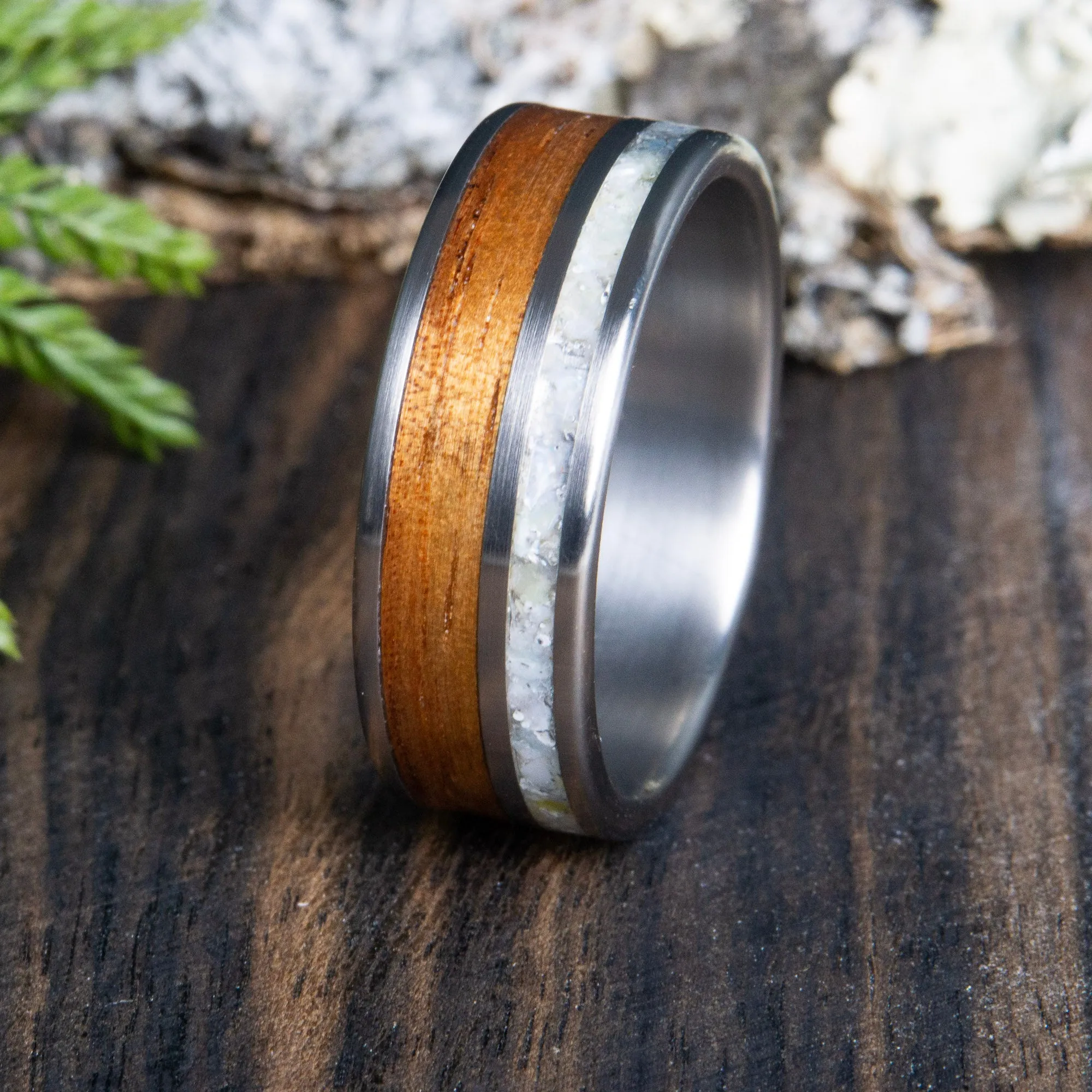 Hawaiian Koa wood and titanium ring with mother of pearl