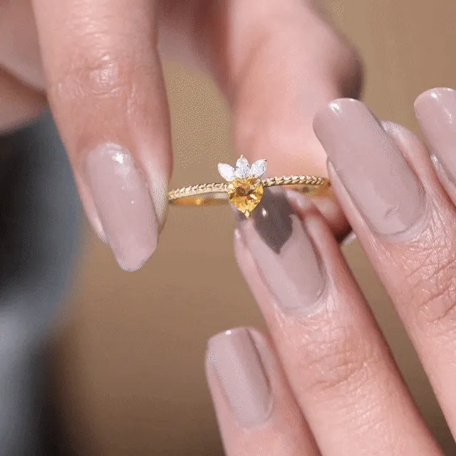 Heart Shape Citrine and Diamond Dainty Promise Ring with Beaded Detailing