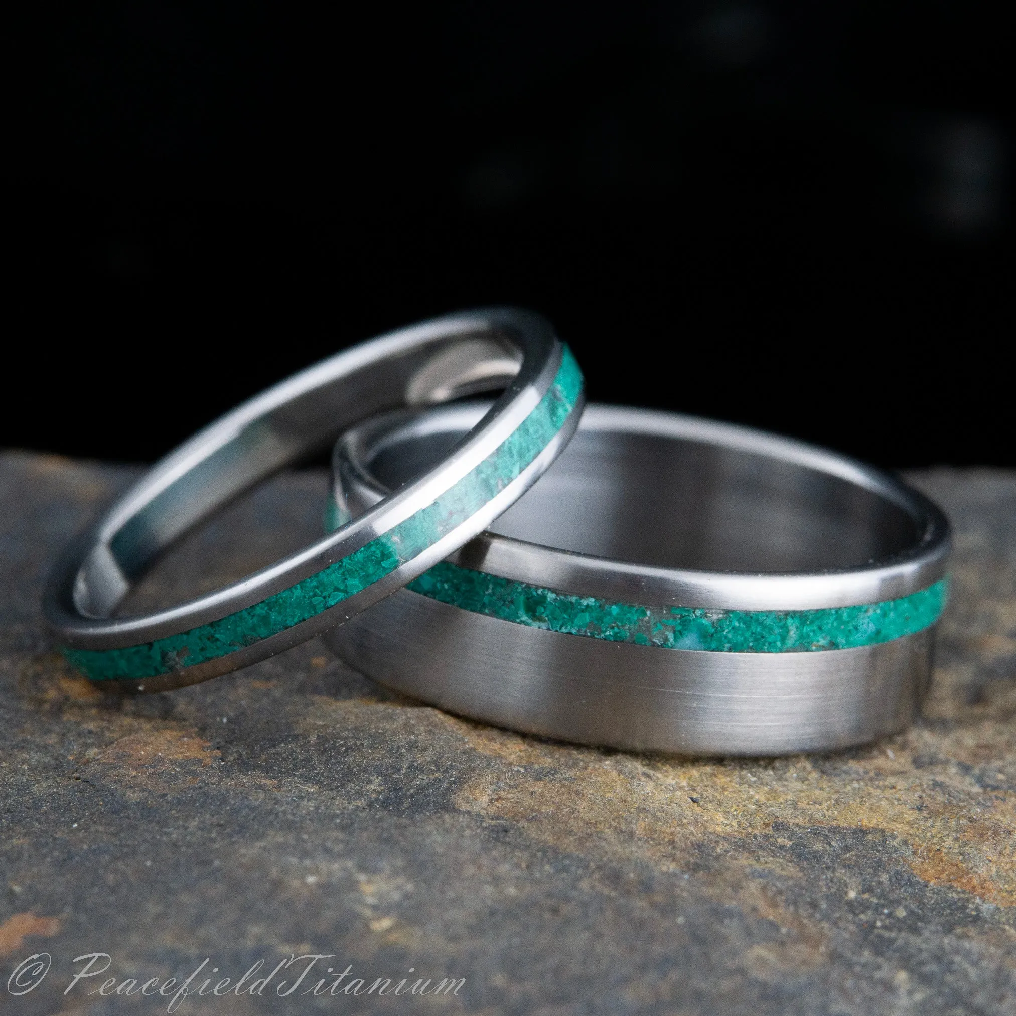 His and Hers wedding ring set with Malachite stone inlay