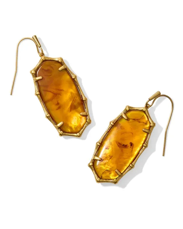 Kendra Scott Elle Vintage Gold Bamboo Frame Drop Marbled Amber Earrings