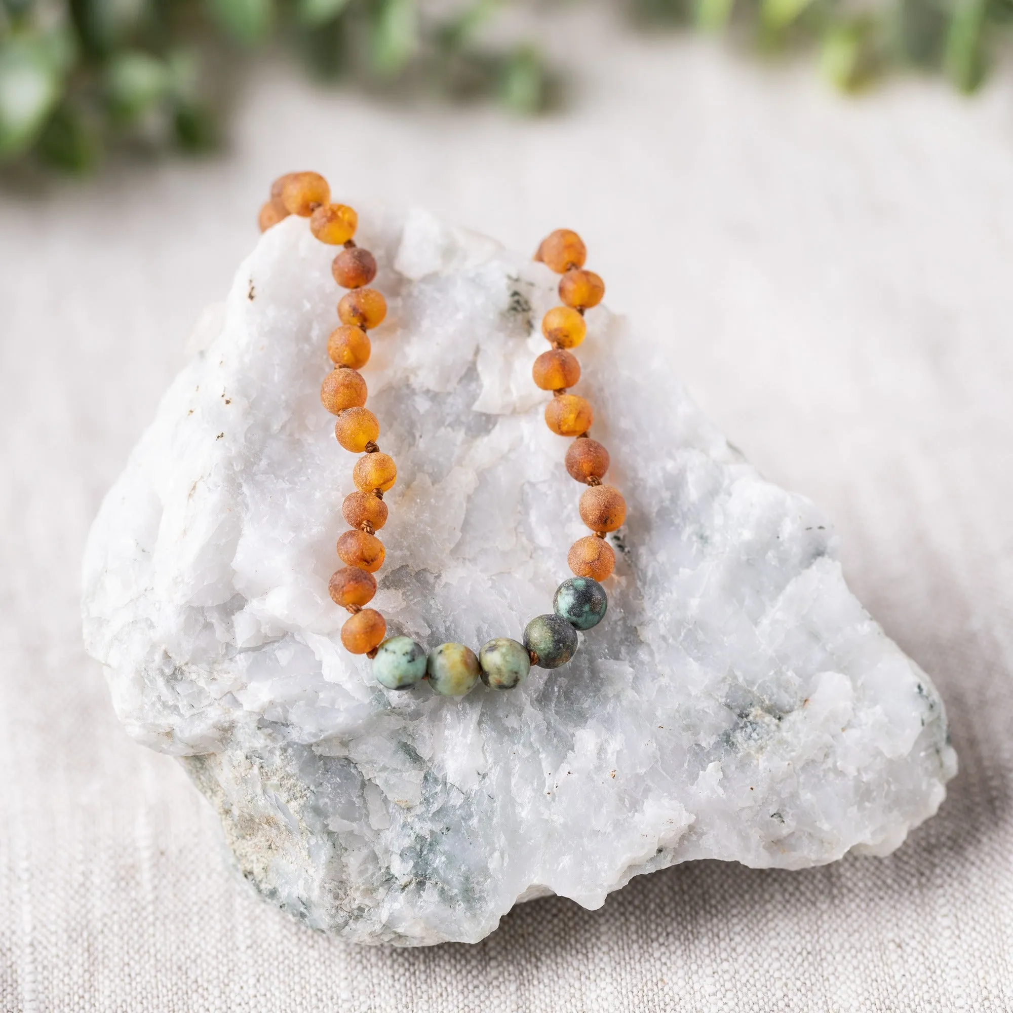 Kids | African Turquoise   Raw Cognac Amber Necklace