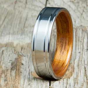 Koa bentwood rings with polished double groove titanium -6mm wide