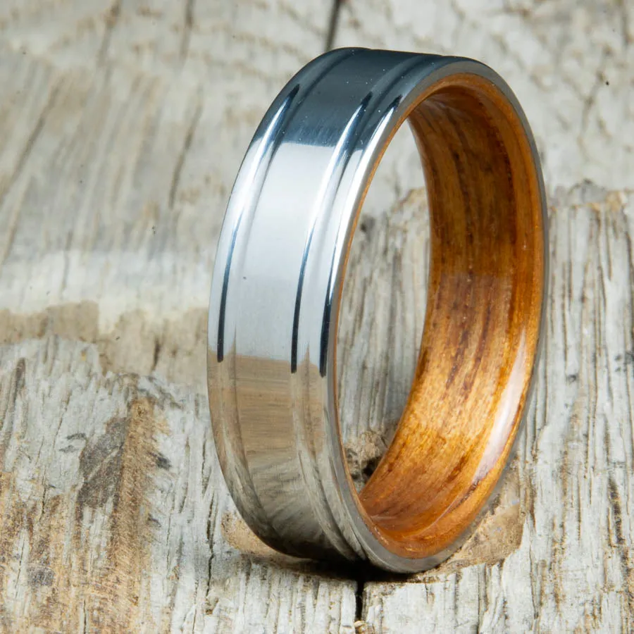 Koa bentwood rings with polished double groove titanium -6mm wide