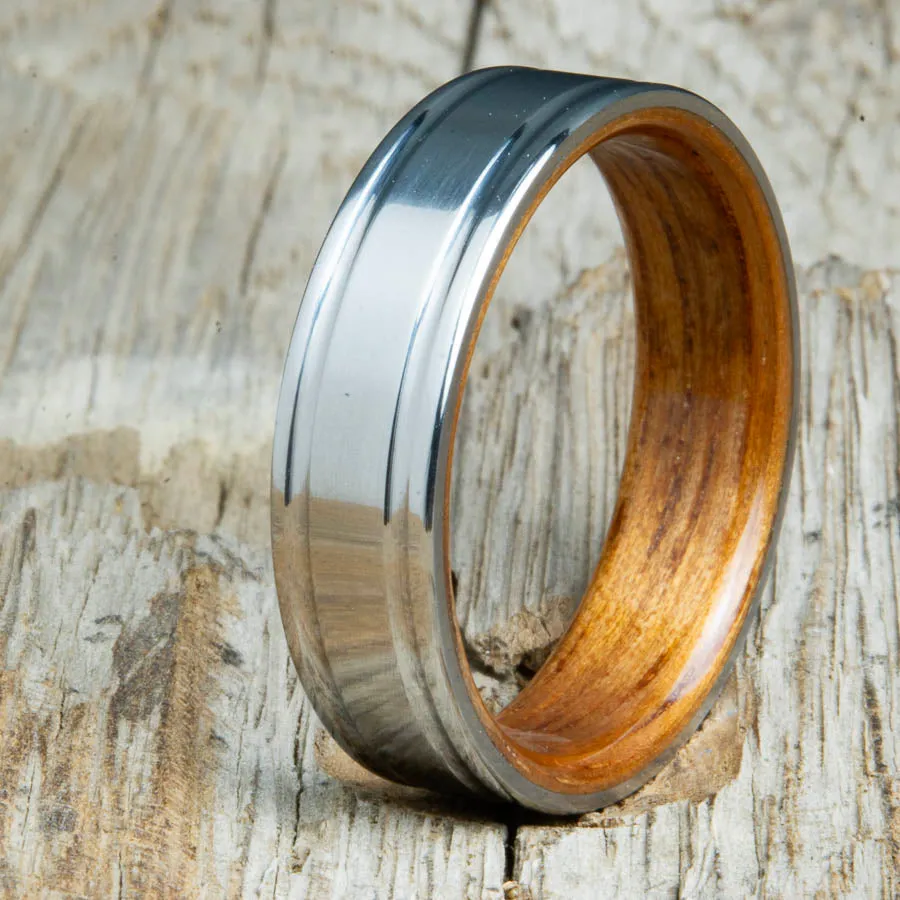 Koa bentwood rings with polished double groove titanium -6mm wide