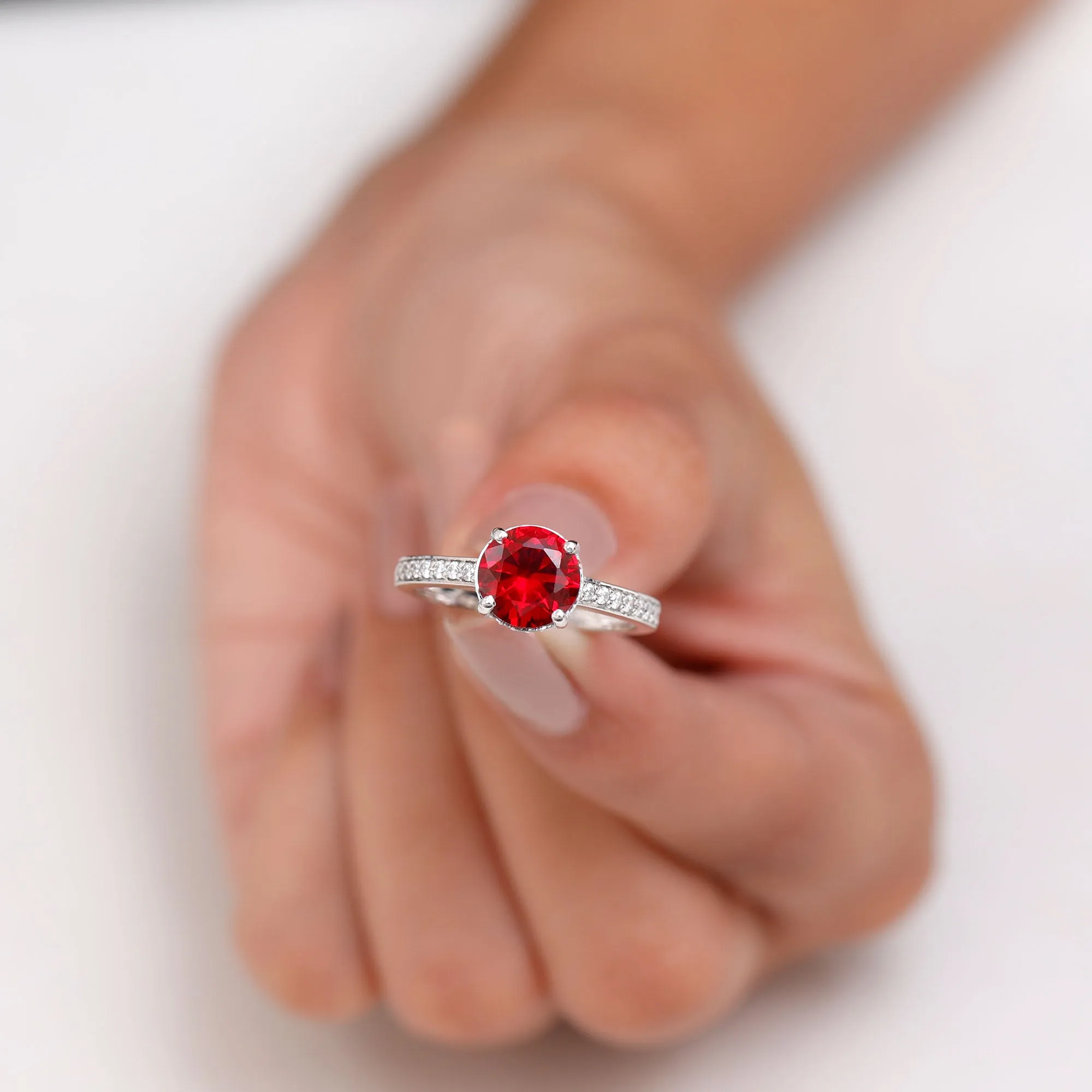 Lab Grown Ruby Simple Solitaire Engagement Ring with Diamond