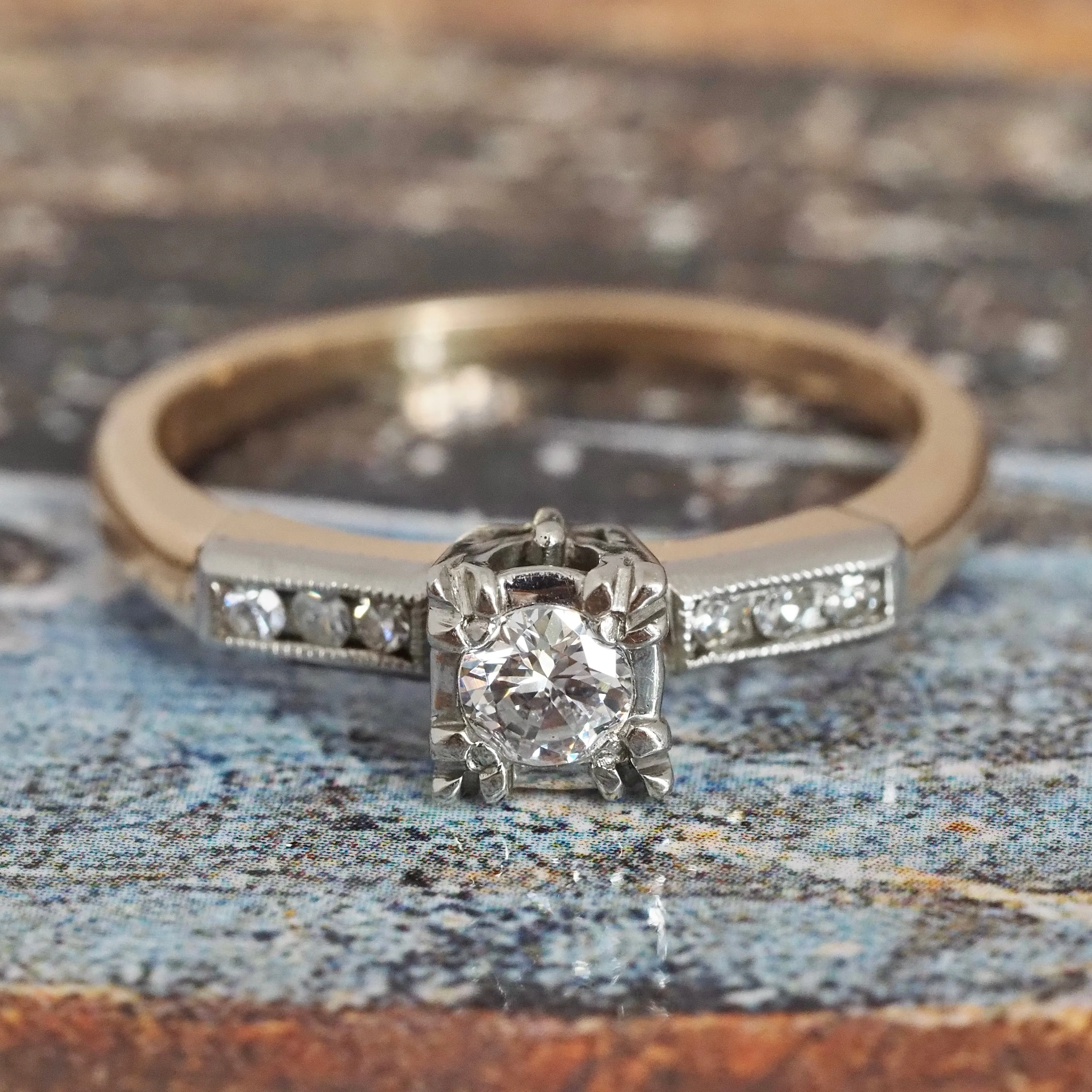 Midcentury Round Brilliant Cut Diamond 14k Gold Engagement Ring