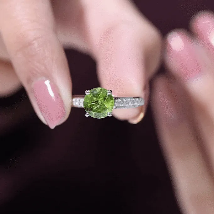 Natural Peridot Solitaire Engagement Ring with Diamond Side Stones