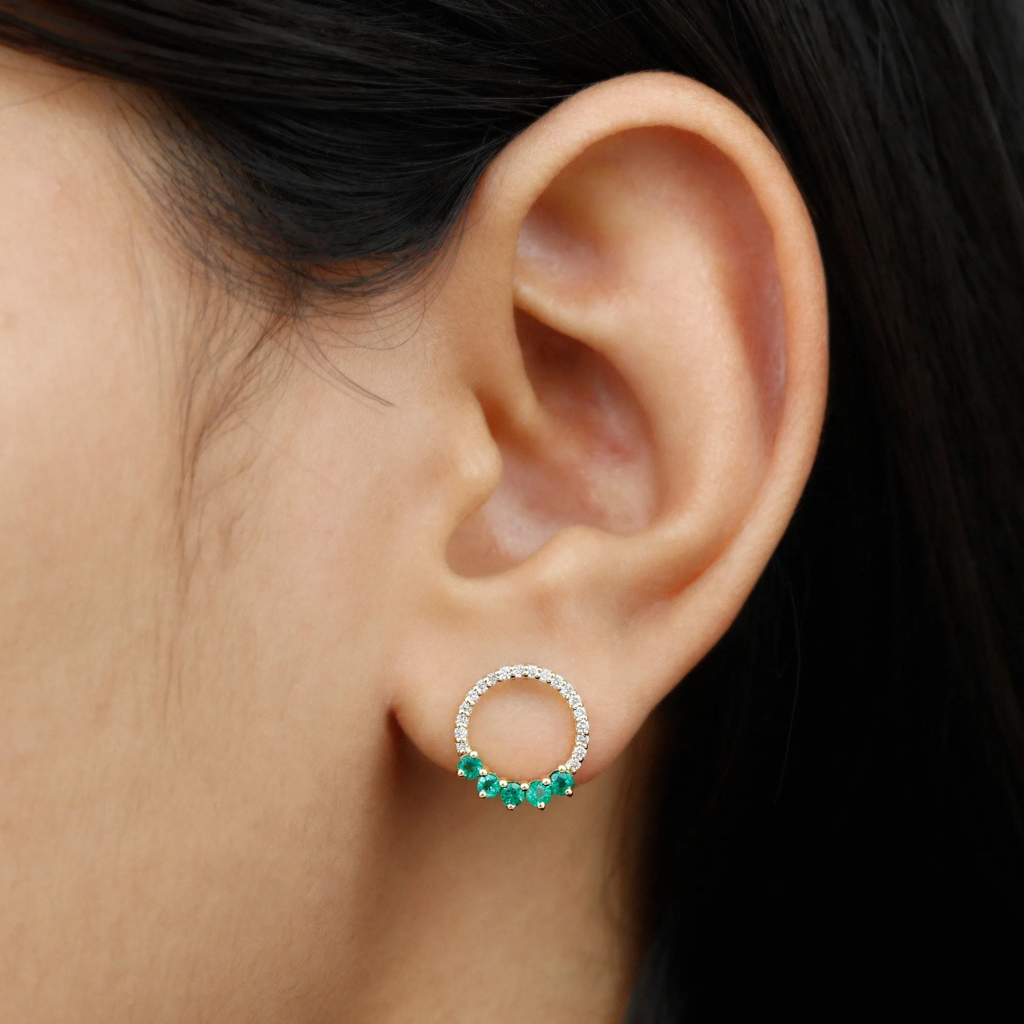 Open Circle Stud Earrings with Emerald and Diamond