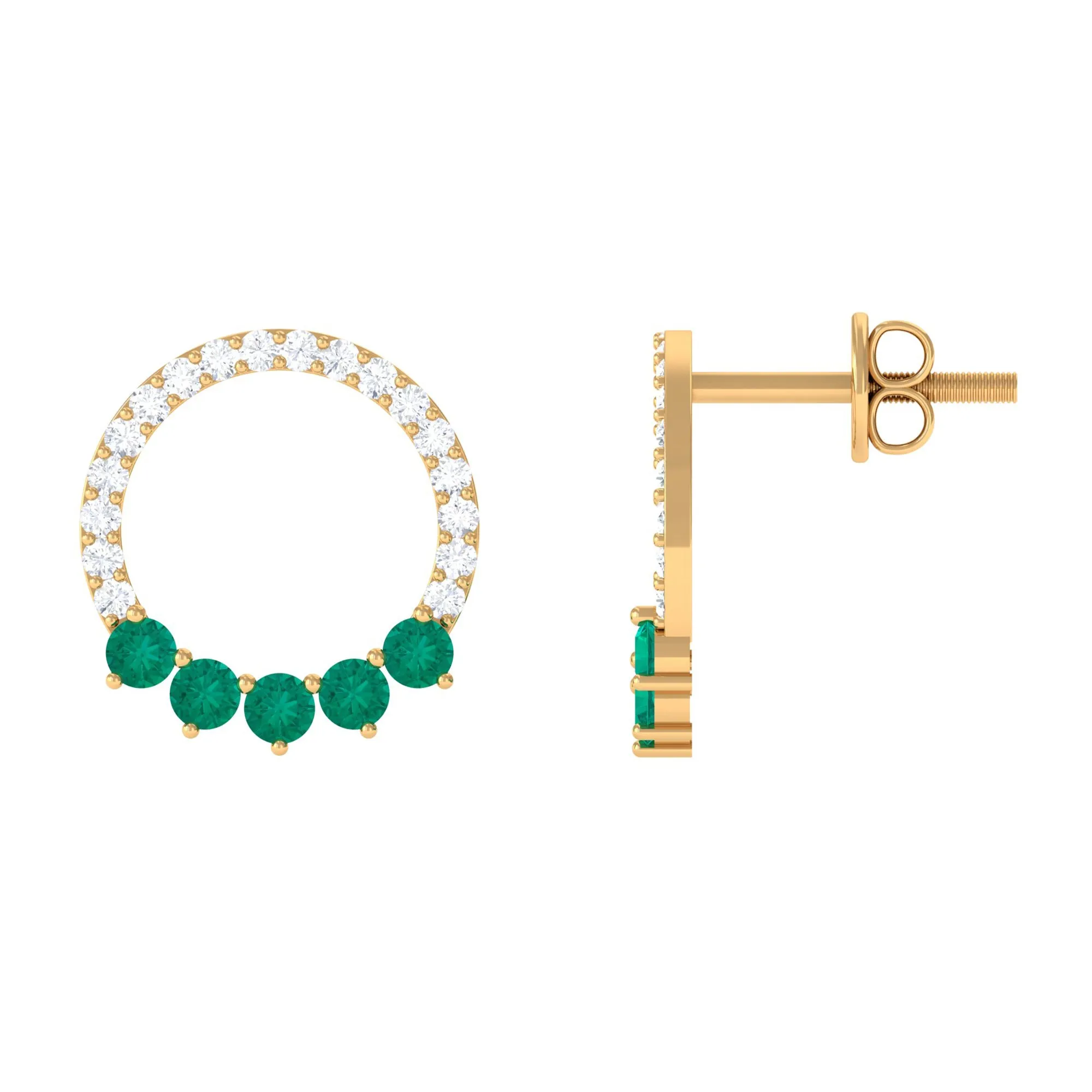 Open Circle Stud Earrings with Emerald and Diamond