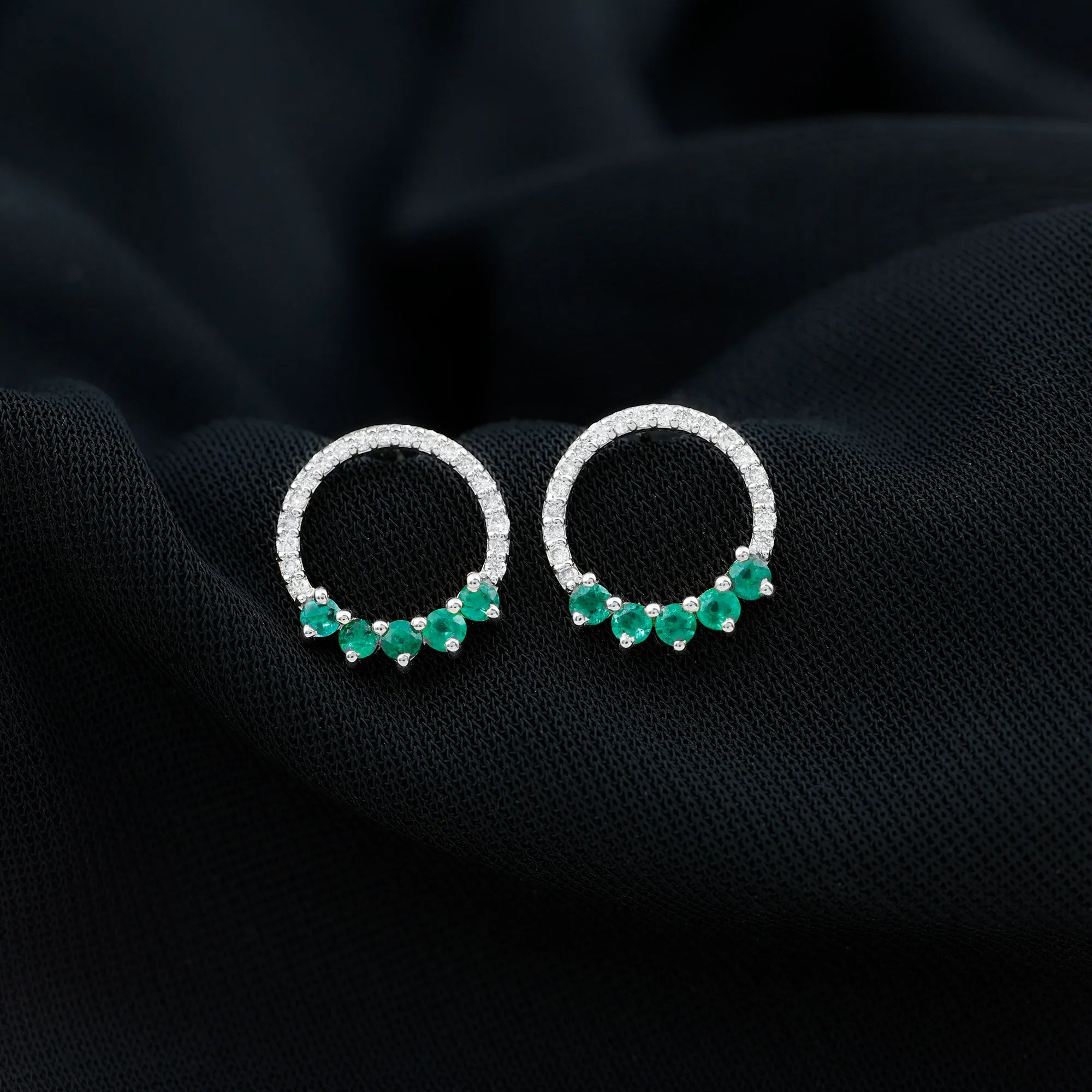 Open Circle Stud Earrings with Emerald and Diamond