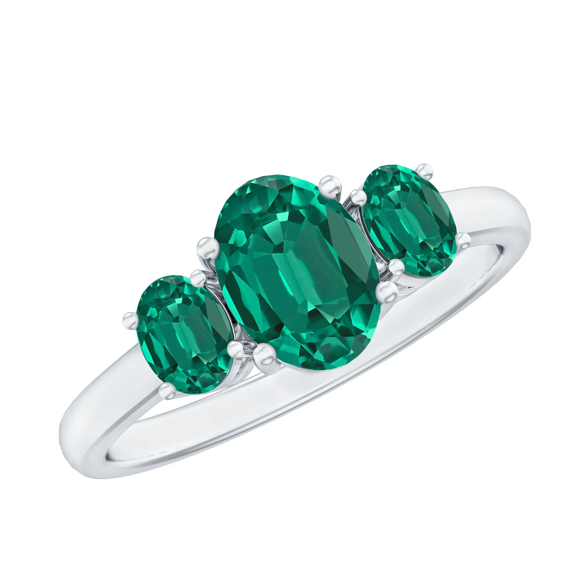 Oval Shape Lab Grown Emerald Three Stone Engagement Ring